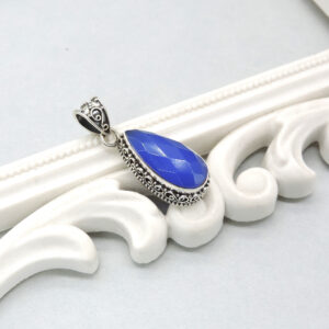 925 Sterling Silver Blue Chalcedony Faceted Teardrop Pendant