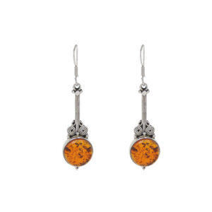 925 Sterling Silver Amber Round Scrollwork Drop Earrings