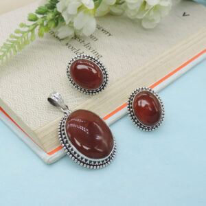 925 Sterling Silver Carnelian Pendant and Earring Set
