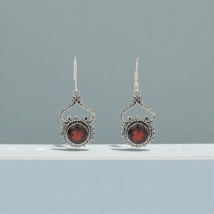 925 Sterling Silver Garnet Round Scrollwork Arch Earrings