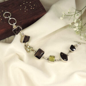 925 Sterling Silver Smoky Quartz Citrine Multi-Shape Link Bracelet