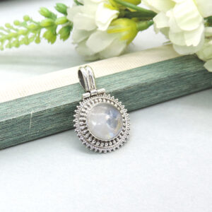 925 Sterling Silver Rainbow Moonstone Double Granulation Pendant