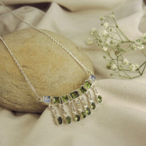 925 Sterling Silver Peridot Rainbow Moonstone Fringe Necklace