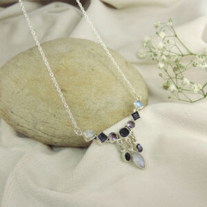925 Sterling Silver Multi-Gemstone Asymmetric Drop Necklace