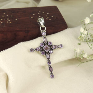 925 Sterling Silver Amethyst Multi-Stone Cross Pendant