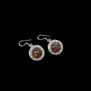 925 Sterling Silver Amber Round Scrollwork Border Earrings