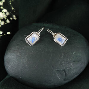 925 Sterling Silver Rainbow Moonstone Rectangle Granulation Earrings