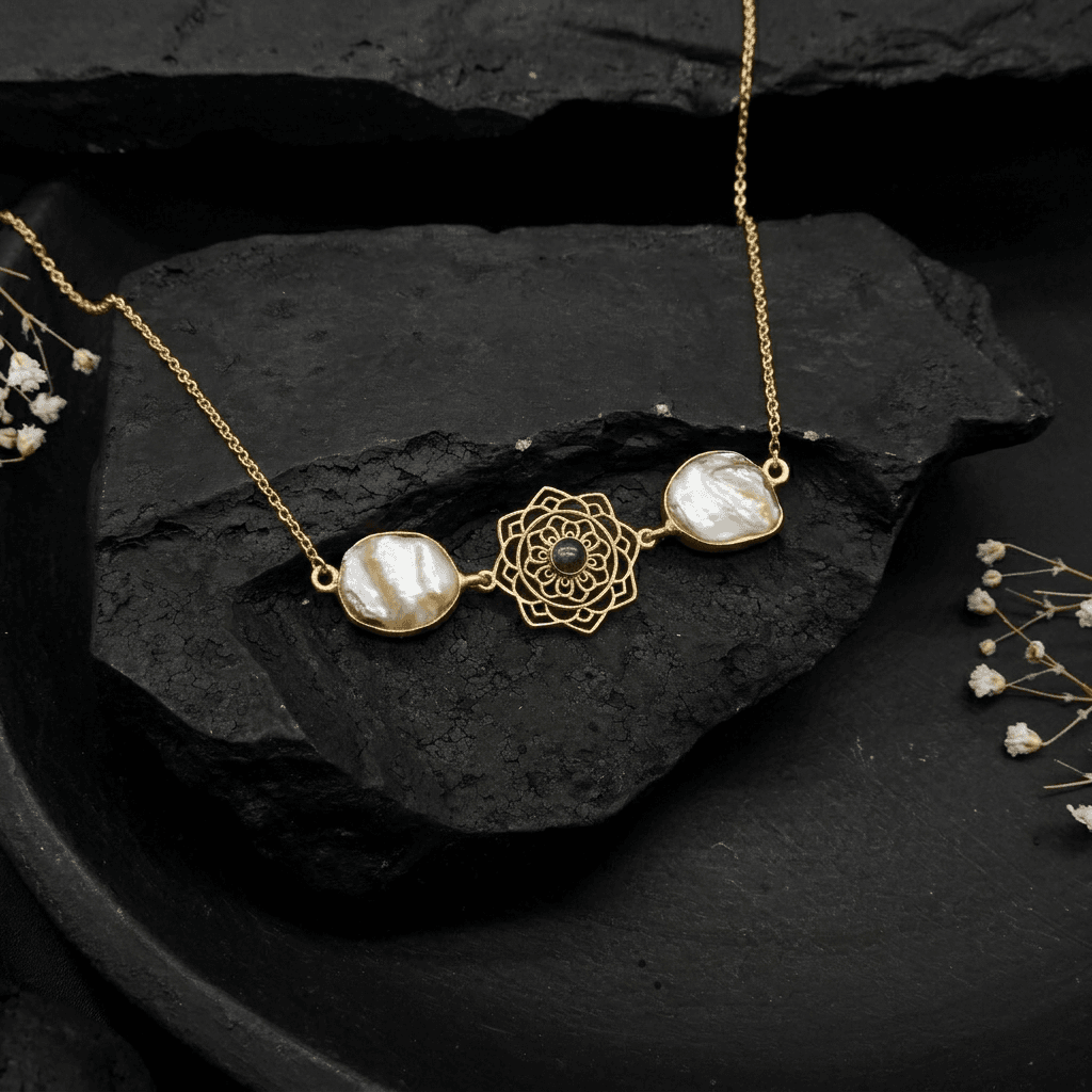 brass mandala bar necklace with freshwater pearl wholesale Jaipur
