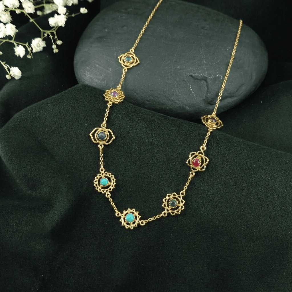 brass gold plated seven chakra station necklace with gemstones wholesale Jaipur