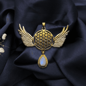 brass flower of life angel wings pendant with moonstone drop wholesale Jaipur