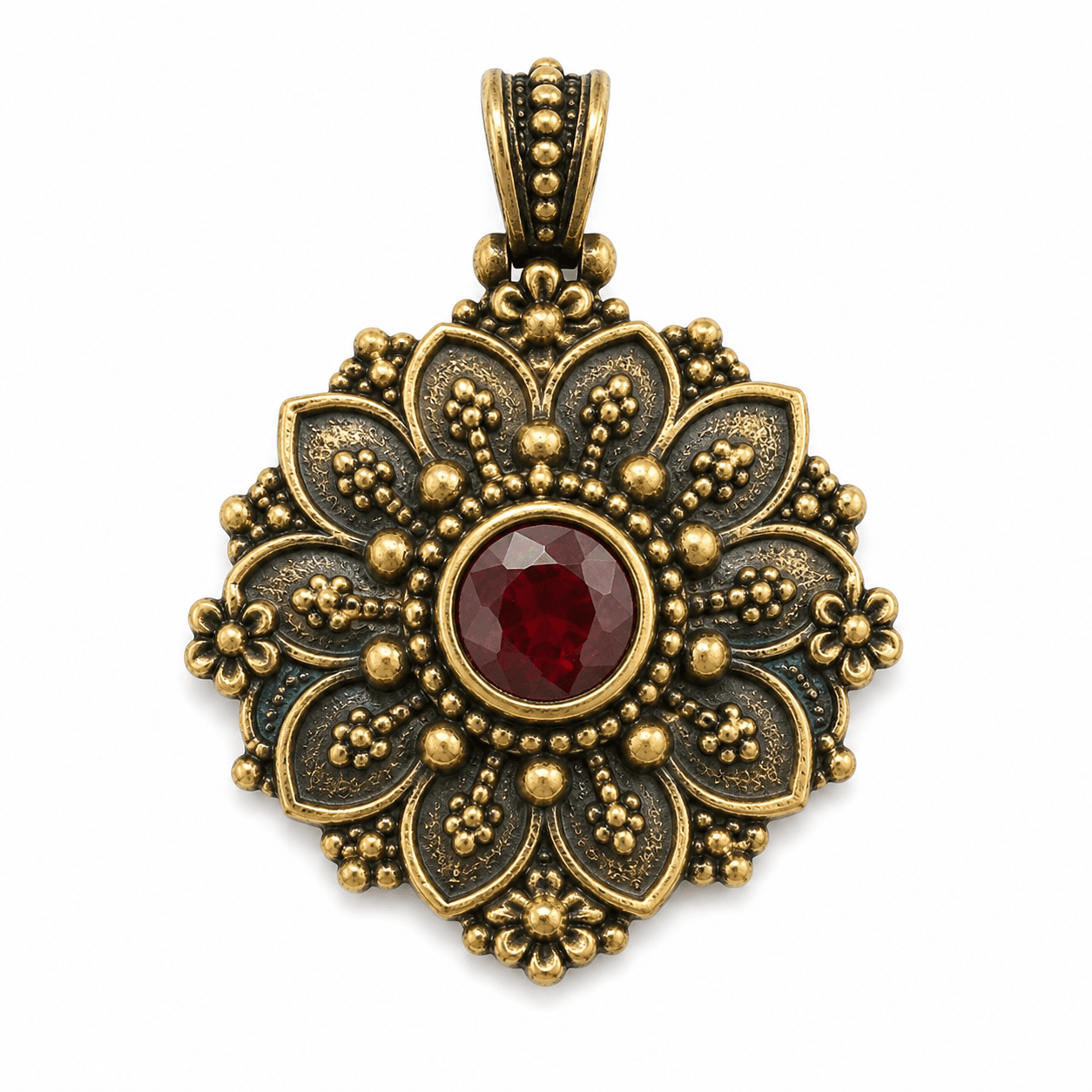 brass antique oxidized ruby CZ floral mandala pendant wholesale Jaipur